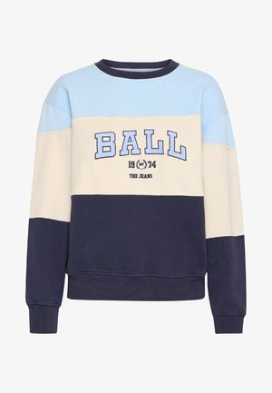 Sweatshirt coloré avec des sections bleu clair, crème et marine. "BALL 1974" imprimé à l'avant. Tissu en coton doux, poignets côtelés.
