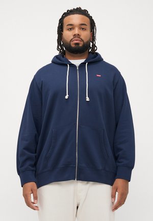 Marine kleurige zip-up hoodie van een katoenmix met twee voorzakken, witte trekkoorden en een klein logo op de bovenste linkerkant van de borst. Regular fit.
