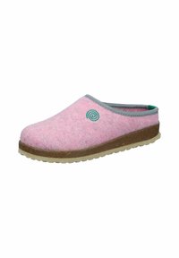 Pink felt slipper with a grey trim and a green spiral design. Features a textured beige rubber sole for grip and comfort.