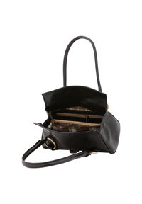 Borsa a tracolla in pelle nera con un design strutturato. Presenta un interno a quadri, due tasche con zip e una lunga tracolla.
