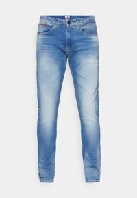 Blå denimjeans med slim fit, blekt utseende, femficksdesign, bältesömmar och knappstängning fram.