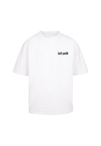 Fehér pamut póló kerek nyakkal és rövid ujjakkal. Bal oldalon sötétkék szöveggel szerepel: "let's youth".