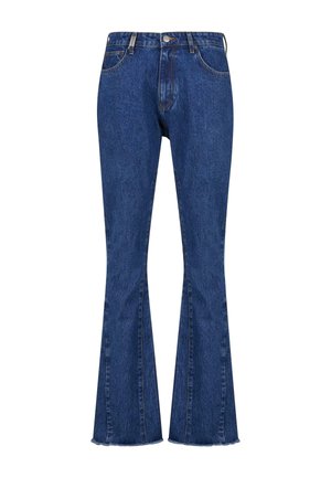 Blaue Denim-Jeans mit weitem Bein, hohem Taillenschnitt, Fünf-Taschen-Design, vorderer Knopfverschluß und fransigem Saum am Beinende.