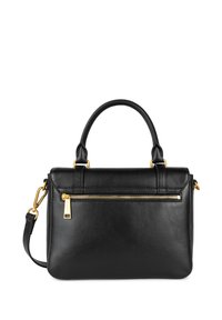 Borsa a mano in pelle nera con una forma strutturata, manico superiore, tracolla removibile e una zip dorata sulla tasca frontale.