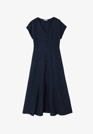 Tengerészkék, könnyű anyagból készült ruha V-kivágással, rövid, széles ujjakkal, gombos elülső résszel és oldalsó hasítékokkal, bonyolult varrási részletekkel.