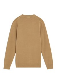 Maglione khaki, maniche lunghe, colletto e polsini a coste, texture liscia, design a pullover, colore solido senza motivi o accenti visibili.