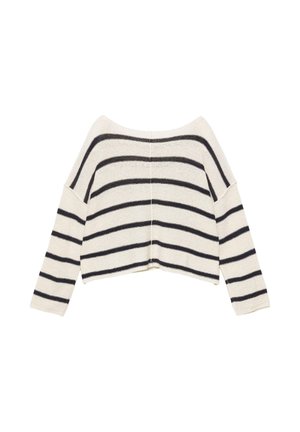Crèmekleurige gebreide trui met lange mouwen, zwarte horizontale strepen en een brede boothals, plat neergelegd op een witte achtergrond.