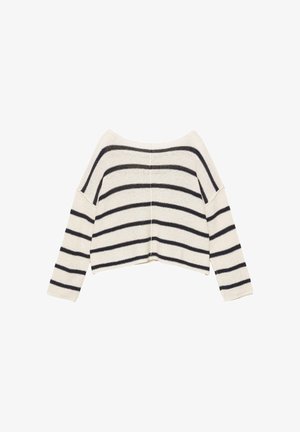 Dlhý svetlo krémový pletený sveter s čiernymi vodorovnými pruhmi a širokým lodičkovým výstrihom, položený na bielom pozadí.