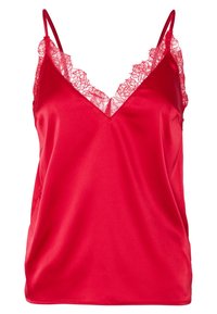 Rød satin cami-top med V-udskæring, delikat blondekant og tynde justerbare stropper. Glat tekstur og afslappet pasform.