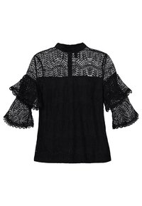 Sort blondebluse med høj hals, gennemsigtigt liv og flæser på korte ærmer med bølget kant. Indviklet blomsterdesign over hele.
