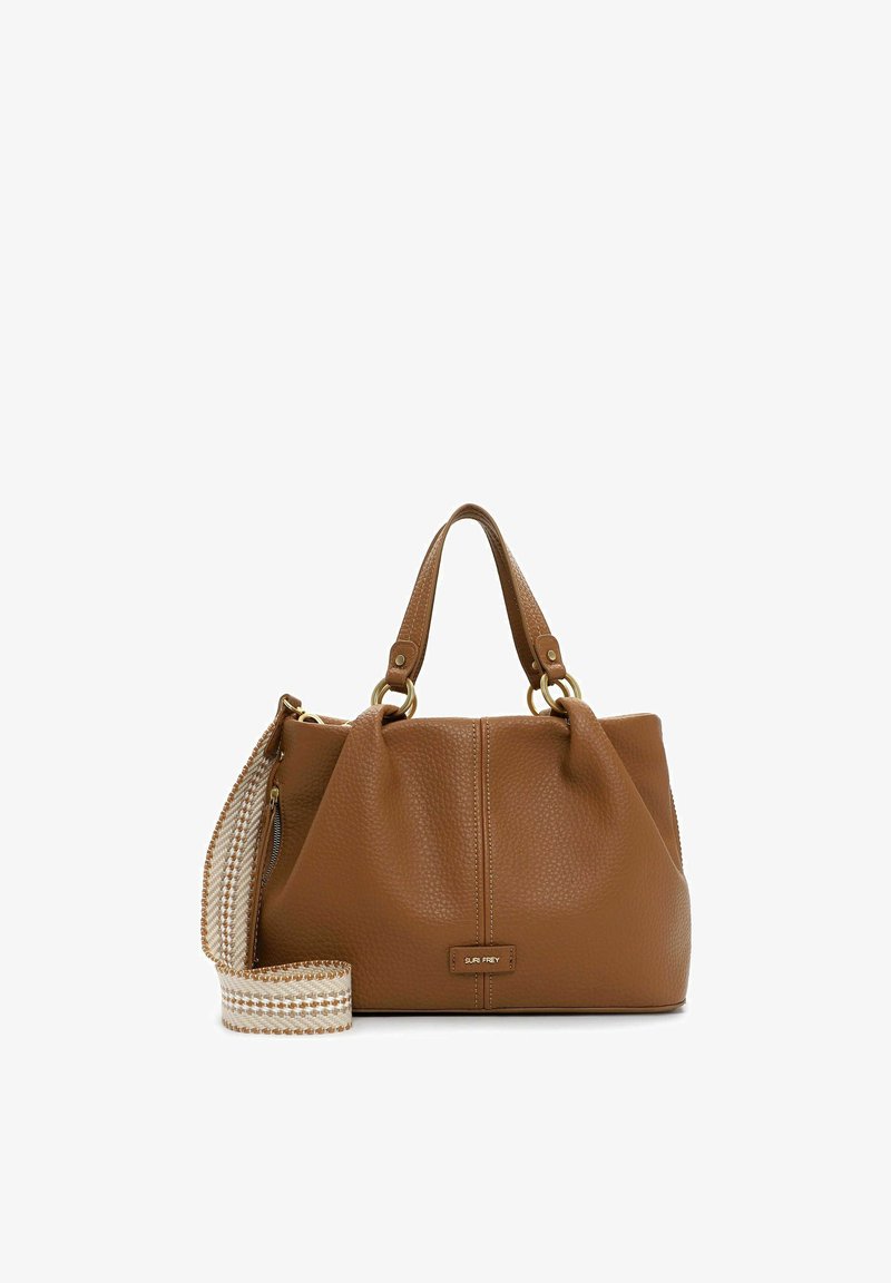 Bolso de mano de cuero marrón con acabado texturizado, doble asa y una correa tejida desmontable. Cuenta con un bolsillo con cremallera en el lateral.