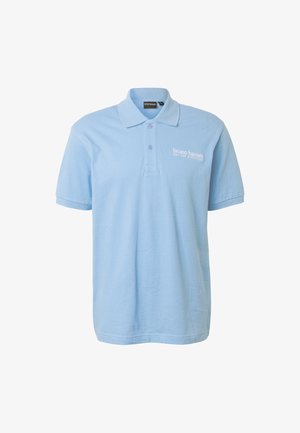 Polo azzurra a maniche corte con colletto, patta con due bottoni e logo bianco "bruno banani" sul petto sinistro.