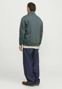 Mørkegrøn sweatshirt med lynlås i halsen og en glat tekstur, kombineret med løstsiddende blå denimjeans og brune sko. Står set bagfra.
