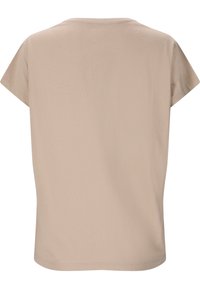 Beige t-shirt met korte mouwen en een ronde hals, gemaakt van zachte stof, met een rechte snit en zonder zichtbare logo's of patronen op de achterkant.