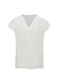 Blouse blanche à manches courtes avec un col en V, fabriquée en tissu léger. Elle présente un ourlet droit et un design minimaliste sans motifs.