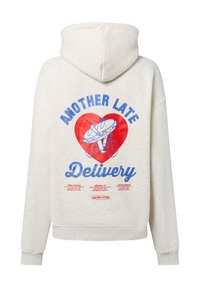 Grijze hoodie met een grafiek op de achterkant: een rode hart met een fiets die een sandwich vervoert, tekst "NOG EEN LAATSTE BEZORGING" in het blauw. Zachte stof.
