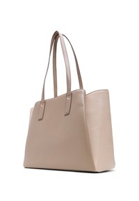 Beige leather tote bag with smooth texture, tall design, flat base, and elongated straps. Features simple stitching and no visible hardware.