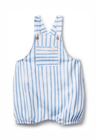 Peto corto de rayas azules y blancas con tirantes anchos, un bolsillo frontal y puños elásticos para un ajuste cómodo. Fabricado con tejido ligero.