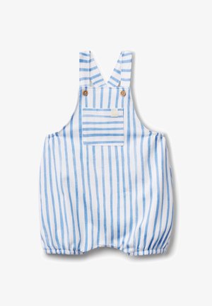 Salopette corta a righe blu e bianche con spalline larghe, una tasca frontale e polsini elasticizzati per una vestibilità comoda. Realizzata in tessuto leggero.