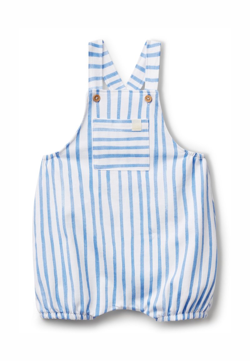 Peto corto de rayas azules y blancas con tirantes anchos, un bolsillo frontal y puños elásticos para un ajuste cómodo. Fabricado con tejido ligero.