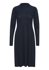 Abito a maglia a coste con maniche lunghe, collo alto e gonna svasata in un colore blu scuro con dettagli di leggera lucentezza.