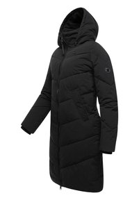 Black long puffer coat with a hood, padded design, front zipper, and side pockets. Features a logo detail on the left sleeve.