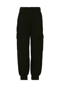 Schwarze Cargo-Hosen aus einem weichen Material, mit einem elastischen Bund, zwei Seitentaschen und eng anliegenden Bündchen an den Knöcheln.