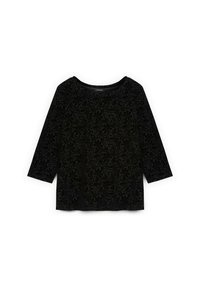 Mustapaita, jossa on pitkät hiat, tekstuurinen kukkakuvio, pyöreä pääntie ja rento istuvuus, valmistettu pehmeästä ja kevyestä kankaasta.