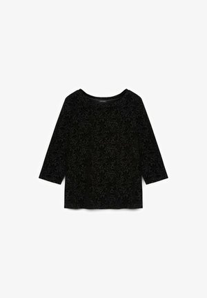 Schwarzes Langarmoberteil mit strukturiertem Blumenmuster, rundem Ausschnitt und lockerer Passform, hergestellt aus weichem, leichtem Stoff.