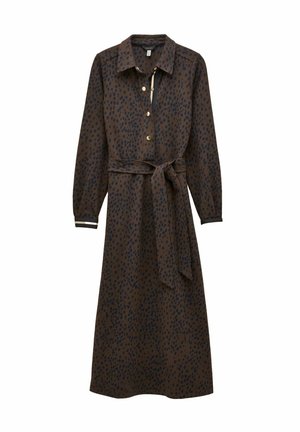 Braunes Midikleid mit einem gepunkteten Muster in Dunkelblau, Kragen-Design, Knopfleiste, langen Ärmeln und einem passenden Gürtel in der Taille.