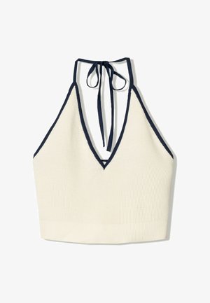 Top a halter color crema con scollatura a V profonda e rifiniture blu navy, realizzato in un materiale a maglia testurizzato e con laccio regolabile al collo.