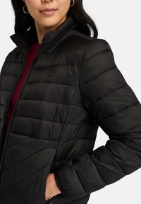 Giubbotto puffer nero con cuciture orizzontali, colletto alto, chiusura con zip sul fronte e logo discreto sul petto. Presenta una texture morbida e lucida.