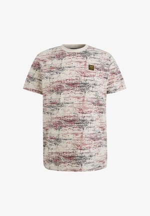 Korte mouwen T-shirt van lichtgewicht stof, met een crème basis en een abstracte print in rood en zwart, voorzien van een rechthoekig logopatch.