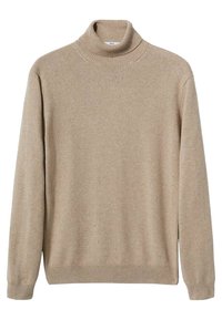 Beige Langarmrollkragenpullover mit gerippten Bündchen, Saum und Ausschnitt, aus einem weichen Strickstoff gefertigt.