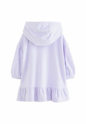 Fleece hoodie in light lavender with a ruffled hem, long puffed sleeves, and a soft texture. Features a spacious hood.