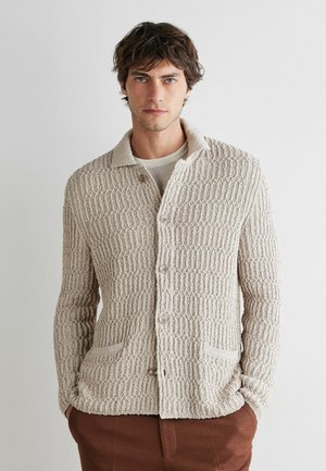 Młody mężczyzna o falujących brązowych włosach, ubrany w beżowy, teksturowany sweter na guziki, na którym ma jasną koszulę i brązowe spodnie, stojący na tle białej ściany.