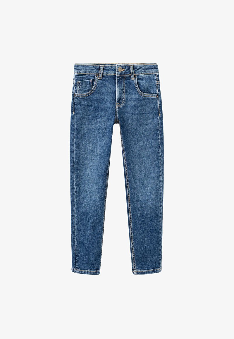 Jean en denim bleu avec bouton devant, passants pour ceinture et design cinq poches, présenté à plat sur fond blanc.