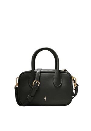 Czarna prostokątna torba na ramię z podwójnymi górnymi uchwytami, regulowanym paskiem, złotymi dodatkami oraz małym ozdobnym emblematem na środku z przodu.