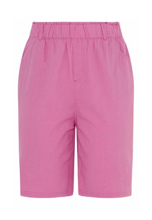 Pantaloncini rosa al ginocchio con fascia elastica in vita, tasche laterali e dettagli cuciti sul davanti e sull'orlo.
