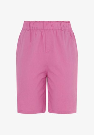Pantaloncini rosa al ginocchio con fascia elastica in vita, tasche laterali e dettagli cuciti sul davanti e sull'orlo.