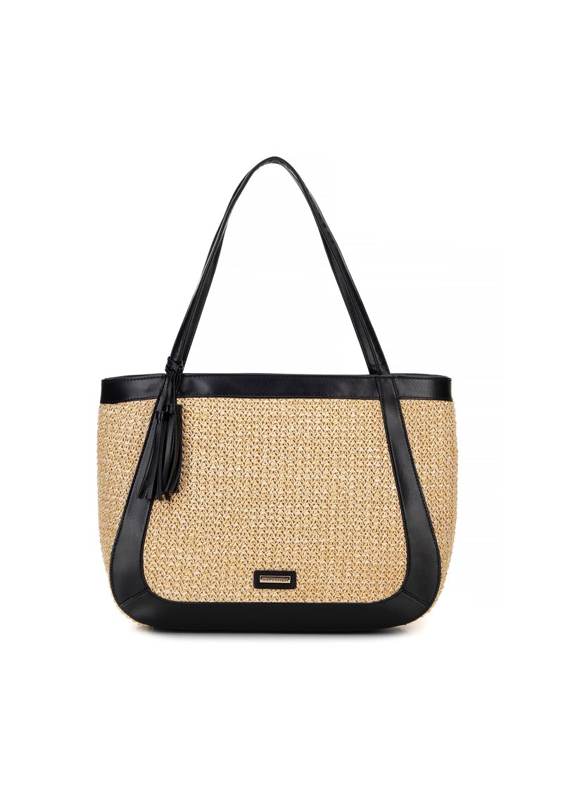 Borsa a tracolla realizzata in materiale intrecciato marrone chiaro con dettagli e manici in pelle nera. Presenta un pon-pon laterale e un'etichetta metallica con il marchio.