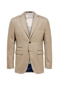 Béžový blazer s textúrovanou tkaninou, ktorý má dve predné vrecká, jedno vrecko na hrudi a zapínanie na jediný gombík. Podšitý svetlou látkou.