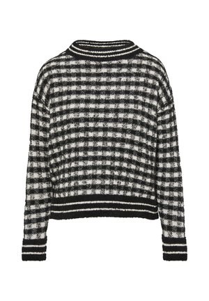Zwart-wit geblokte trui, gebreide textuur, cropped ontwerp, horizontaal gestreepte ribbelkraag en -manchetten, losse pasvorm.
