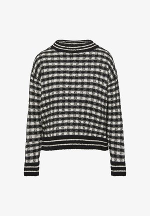 Pull à motif pied-de-poule noir et blanc, texture tricotée, design court, col et poignets côtelés rayés horizontalement, coupe ample.