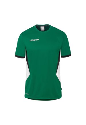 Groen sportshirt met korte mouwen, zwarte en witte zijpanelen, zwarte mouwboorden, ronde hals en wit "uhlsport" logo op de borst.