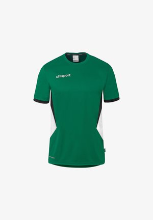 Groen sportshirt met korte mouwen, zwarte en witte zijpanelen, zwarte mouwboorden, ronde hals en wit "uhlsport" logo op de borst.