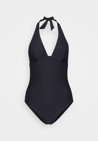 Melna halter-stila peldkostīms ar strukturētu rakstu. Iespējo dziļš V veida kakla izgriezums un saite kaklā, kas nodrošina pielāgojamu fit. Gluda auduma.