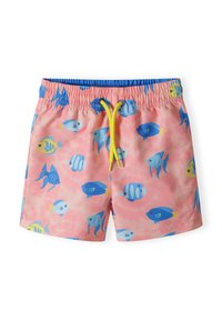 Rosa badshorts med ett fiskmönster i blått och gult, med en elastisk midja och en gul dragsko. Tillverkade av lätt tyg.
