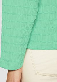 Top verde menta texturizzato con design increspato, dotato di maniche lunghe e orlo dritto. Abbinato a pantaloni chiari.