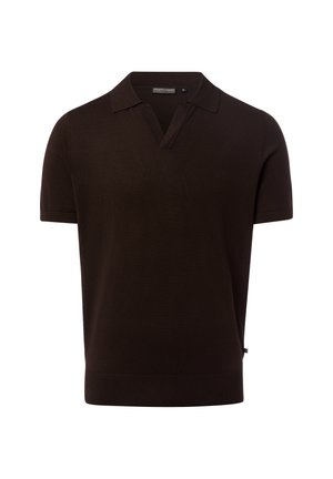 Ciemnobrązowa koszulka polo z krótkim rękawem, kołnierzykiem i dekoltem w kształcie litery V, prezentowana na jednolitym białym tle.
